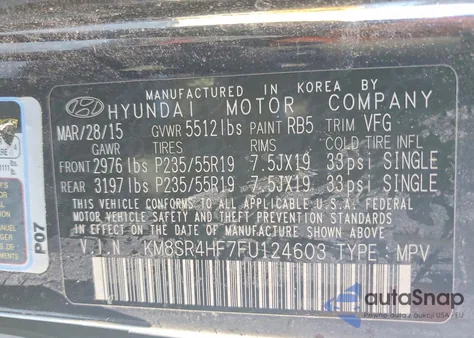 2015 Hyundai Santa Fe Gls from USA, damaged, VIN KM8SR4HF7FU124603